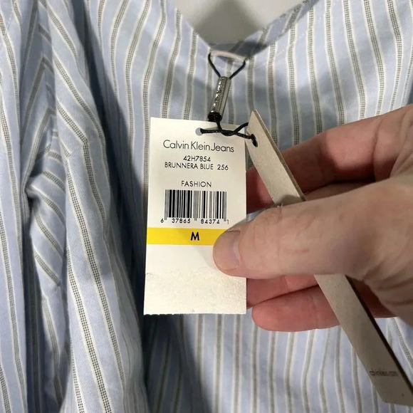 New Calvin Klein Jeans Blouse Women Medium Blue Striped Cold Shoulder Long Sleev - Picture 5 of 8